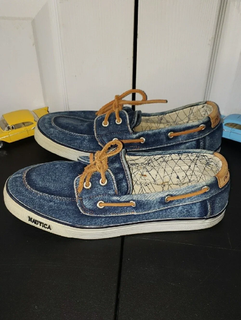 Nautica Men’s Denim-Style Boat Shoes in Blue with Tan Laces